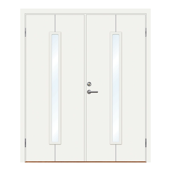 opt G10 ytterdør med ett langt og smalt glass i midten av døren. Doble dører (to jevne dørblader)