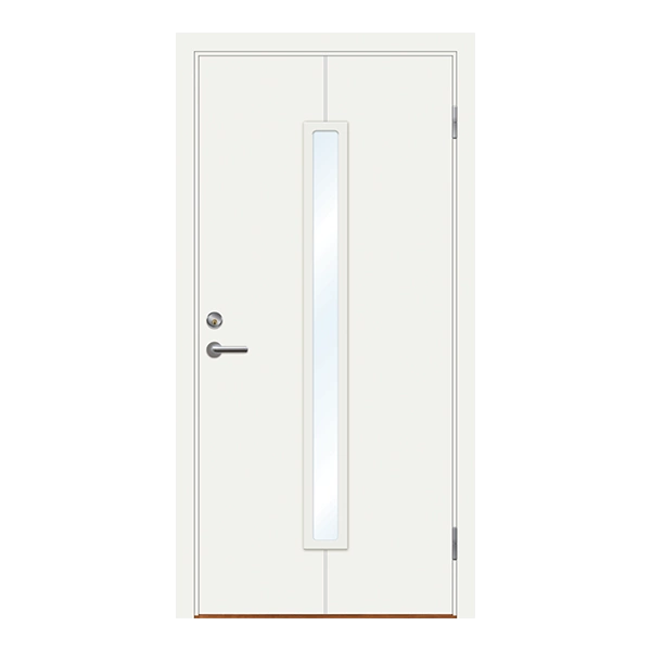 opt G10 ytterdør med ett langt og smalt glass i midten av døren. Enkel dør